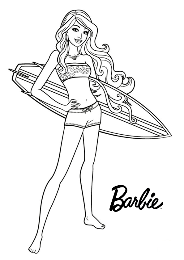 Dibujo de Barbie con una tabla de surf para colorear