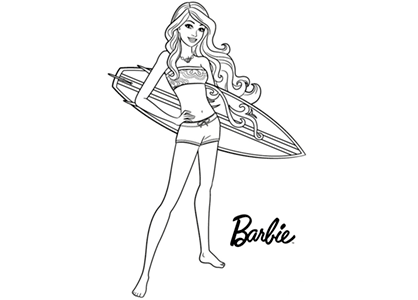 Dibujo de Barbie con una tabla de surf para colorear