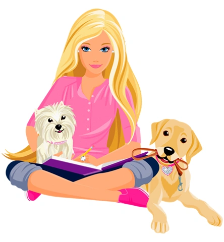 Imagen ilustración en color de Barbie con dos perros.