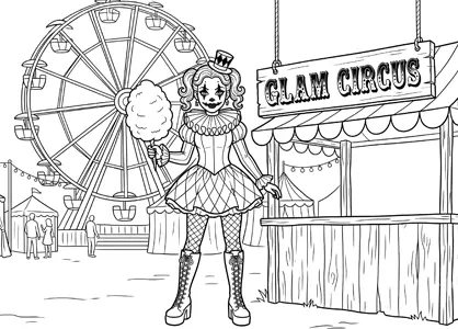 Chica payaso Glam Circus con vestido de arlequín de rombos, medias de rejilla y botas de plataforma hasta la rodilla