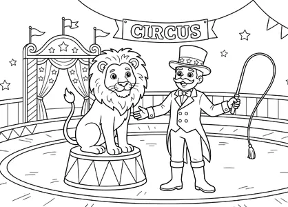 El domador de leones haciendo un número con un león
