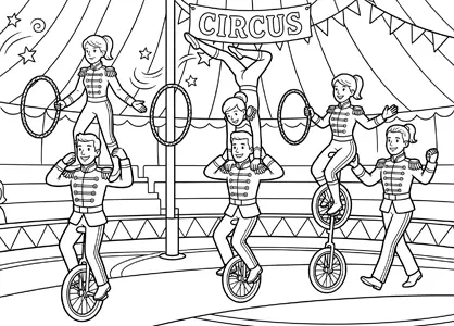 Troupe de circo haciendo una función en monociclos