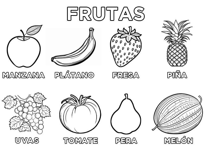 Imagen conjunto de frutas para colorear con el nombre