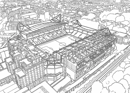 Dibujo del estadio Stamford Bridge en el barrio de Hammersmith y Fulham, en el oeste de la ciudad de Londres