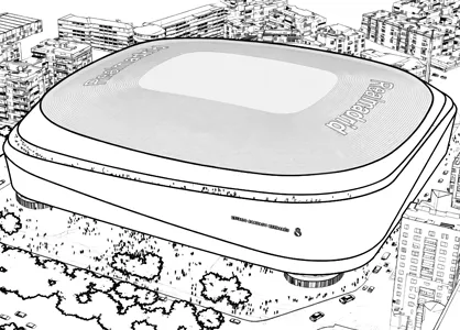 Vista aérea del lateral oeste del Estadio Santiago Bernabéu