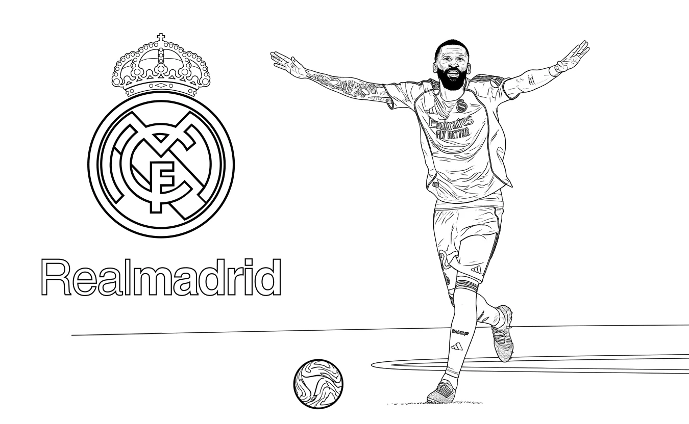 Descarga el dibujo de Antonio Rüdiger con el escudo del Real Madrid
