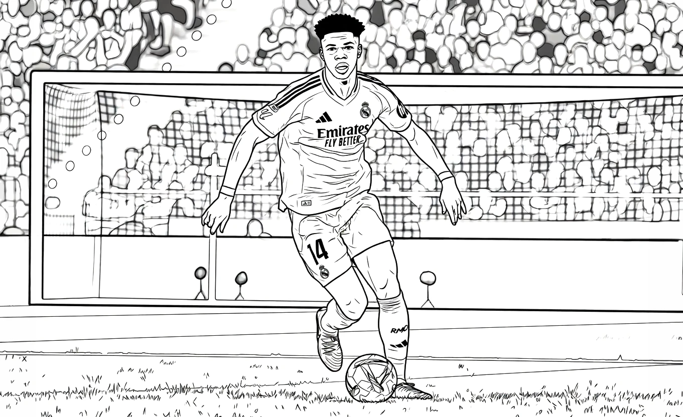 Dibujo para colorear a Aurélien Tchouaméni jugando en un partido de fútbol.