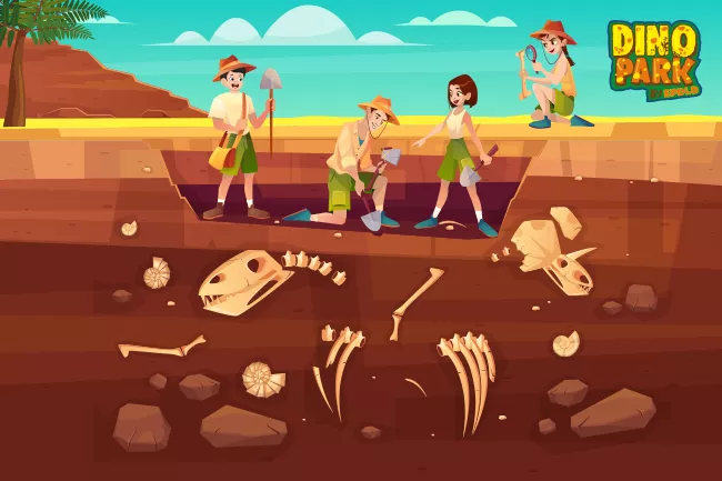 Los paleontólogos desentierran los restos de dinosaurios que hay enterrados en los sedimentos.