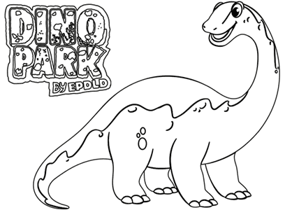 Dibujo para colorear de un dinosaurio brontosaurio con el logo de Dino Park.