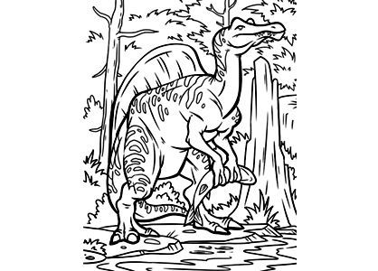 Dibujos colorear dinosaurios. Dibujo de un dinosaurio con un pez para comer.