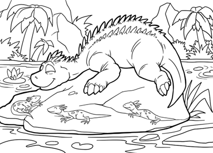 Dibujos colorear dinosaurios. Dibujo de una mamá dinosaurio feliz con sus bebés.