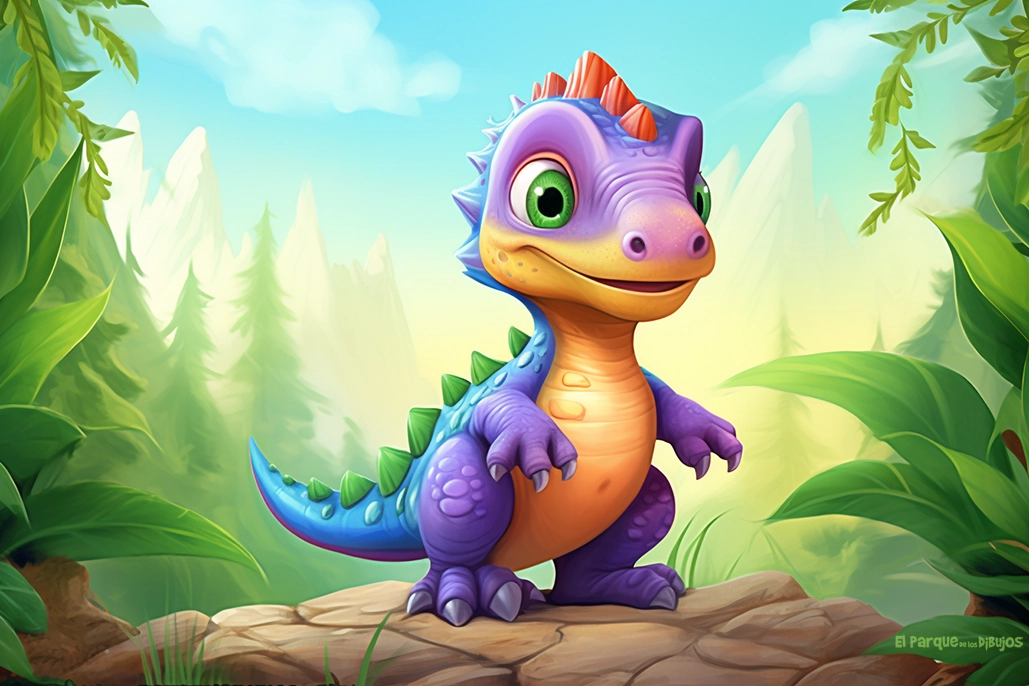 Imagen de un dinosaurio bebé de colores muy bonitos, morado, naranja y azul