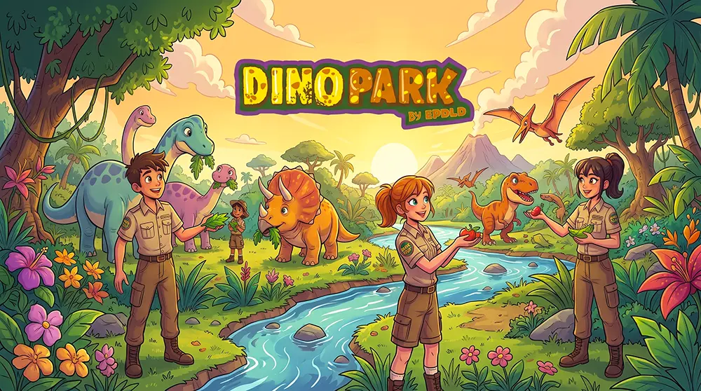 Ilustración Amanece en DinoPark, el equipo de jóvenes cuidadores inicia la jornada de trabajo