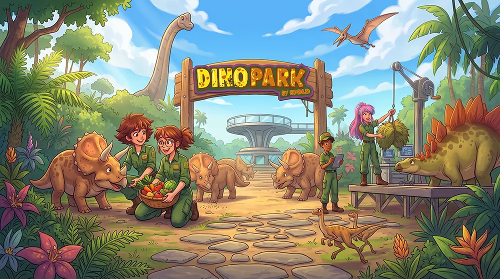 Ilustración el gran festín en DinoPark, el equipo de jóvenes cuidadores alimenta a los animales