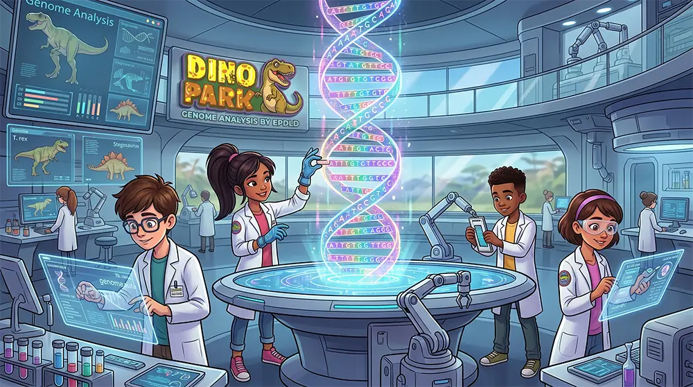 Ilustración un día en el corazón de DinoPark, el laboratorio avanzado