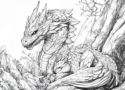 Dibujo en blanco y negro para colorear un dragón esbelto y hermoso en el campo