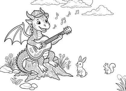 Dragón infantil tocando la guitarra en el bosque
