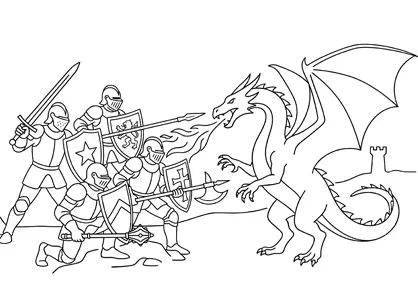 Dragón luchando contra cuatro caballeros medievales