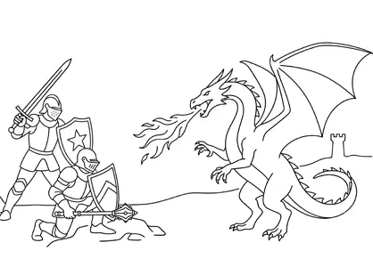 Dragón luchando contra dos caballeros medievales