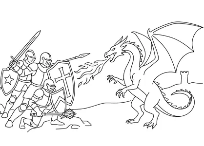 Dragón luchando contra tres caballeros medievales