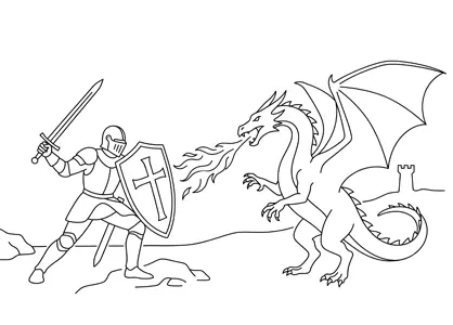 Dragón luchando contra un caballero medieval