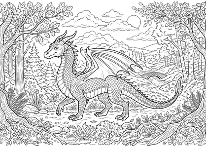 Dragón paseando por el bosque para colorear