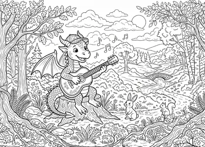 Dragón tocando la guitarra en el bosque