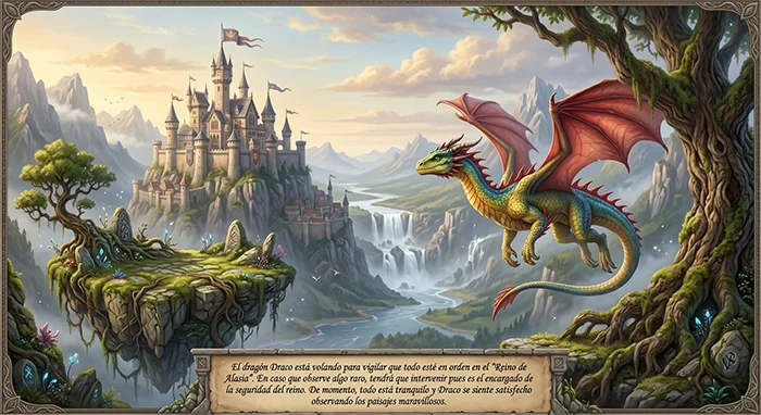 Dibujo del dragón mágico Draco en el reino de fantasía Alasia