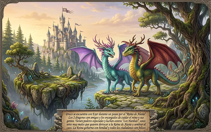 Dibujo del dragón Draco que se encuentra con Exer en Alasia, el reino de fantasía