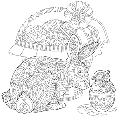 Dibujo para colorear mandala de una ilustración de la silueta de un conejo de pascua y un pollito saliendo del cascarón