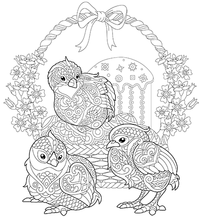 Dibujo para colorear mandala ilustración silueta de tres pollitos