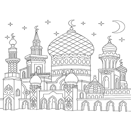 Dibujo para colorear un mandala de arquitectura de la silueta de una Mezquita turca con medias lunas