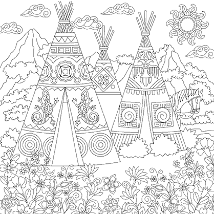 Dibujo para colorear mandala de la silueta de un pueblo nativo norteamericano de wigwam, tiendas indias