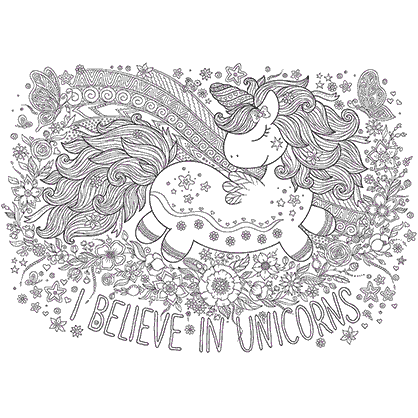 Dibujo para colorear mandala de una iustración de silueta de un unicornio con la frase I Believe in Unicorns
