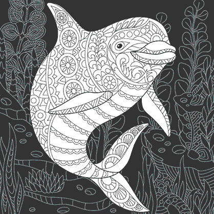 Dibujo para colorear mandala de una ilustración de la silueta de un delfín sobre fondo negro