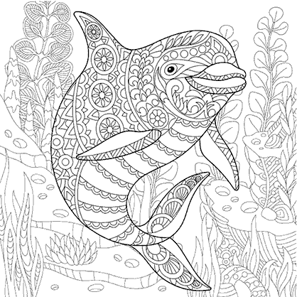 Dibujo para colorear mandala de una iustración de la silueta de un delfin con plantas submarinas