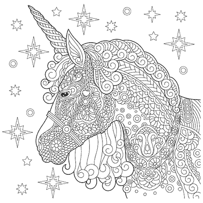 Dibujo para colorear un mandala de una ilustración de la silueta de una cabeza de unicornio mágico