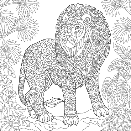 Dibujo para colorear mandala de ilustración  silueta de  león salvaje en la selva