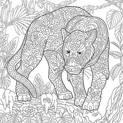 Dibujo para colorear mandala de pantera en la selva