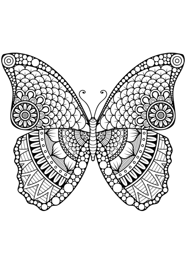 Dibujo para colorear mandala de la silueta de una mariposa con formas geométricas en su interior