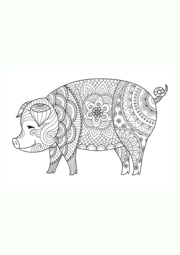 Dibujo para colorear mandala de un cerdo con dibujos en su interior