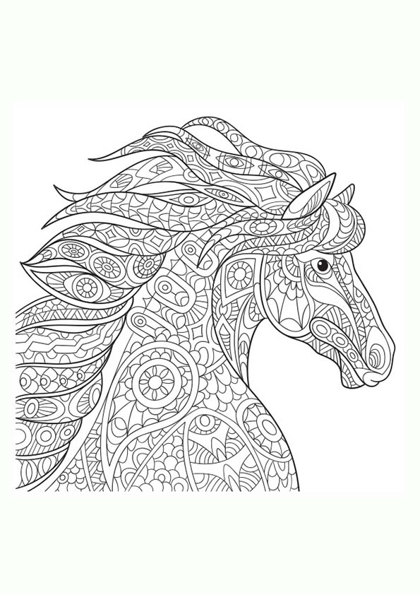 Dibujo para colorear mandala de una ilustración de la caballo silvestre , caballo salvaje, caballo del bosque 
