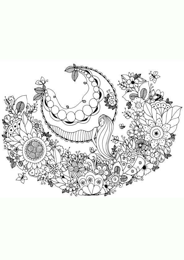 Dibujo para colorear mandala de un diseño onírico de una chica reposando en el interior de una luna en un entorno bucólico y floral