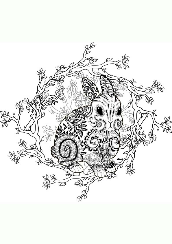 Dibujo para colorear mandala de la figura de un conejo dentro de unas ramas con hojas