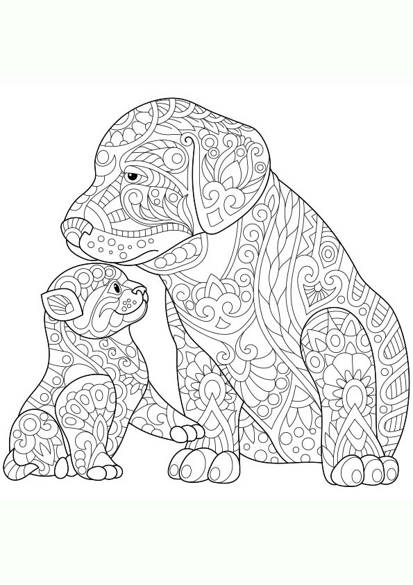 Dibujo para colorear mandala de un dibujo de un perro con su cachorro