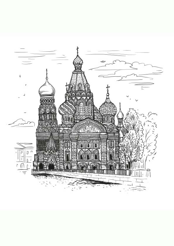 Dibujo para colorear mandala de la Iglesia de la Resurrección de Cristo o Iglesia de Nuestro Salvador sobre la Sangre Derramada de San Petersburgo en Rusia