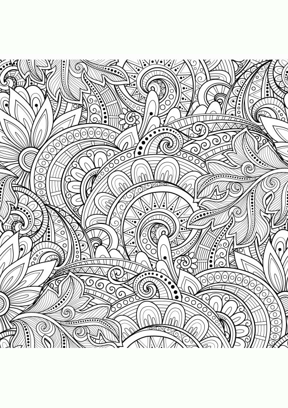 Dibujo para colorear mandala de formas orgánicas, textura floral y flores decorativas