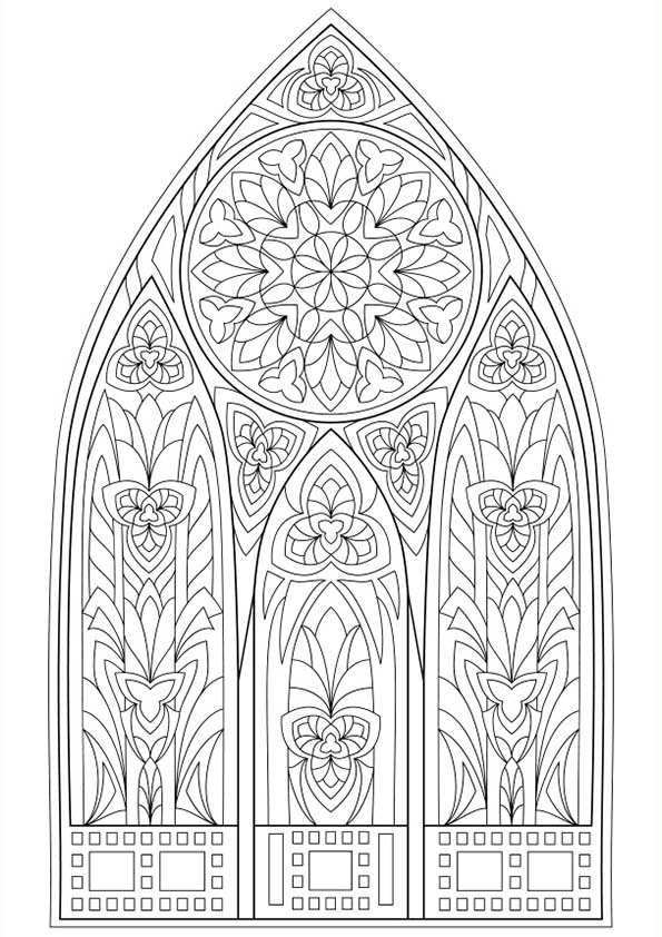 Dibujo para colorear mandala de una ilustración de la silueta de un  de una hermosa ventana medieval gótica con vidrieras y rosa 