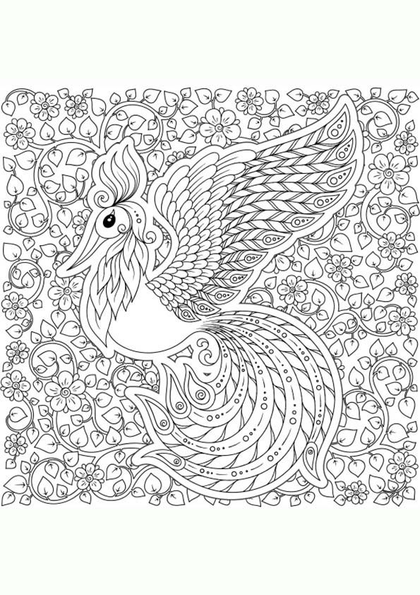 Dibujo para colorear mandala de pájaro mítico en un jardín de flores de fantasía