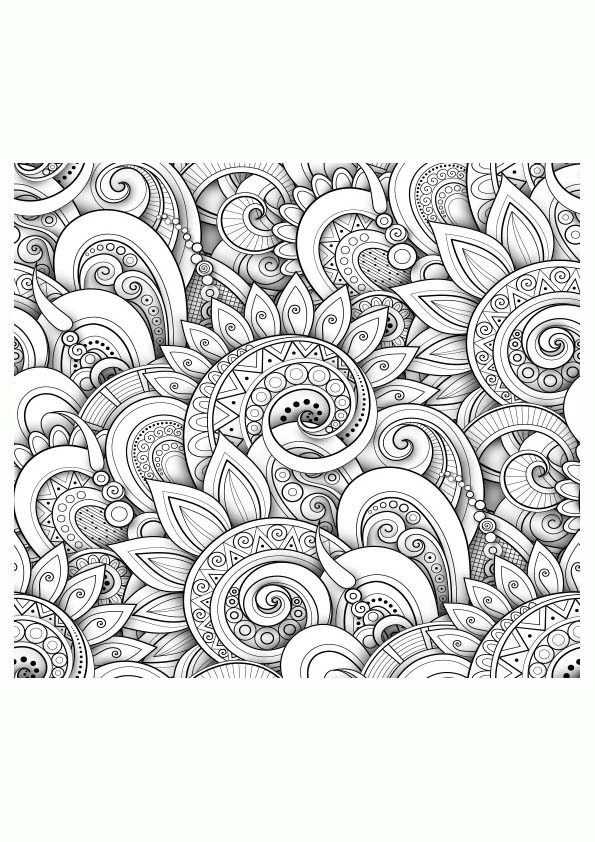 Dibujo para colorear mandala de una ilustración con una textura sin fin con flores, hojas y formas onduladas